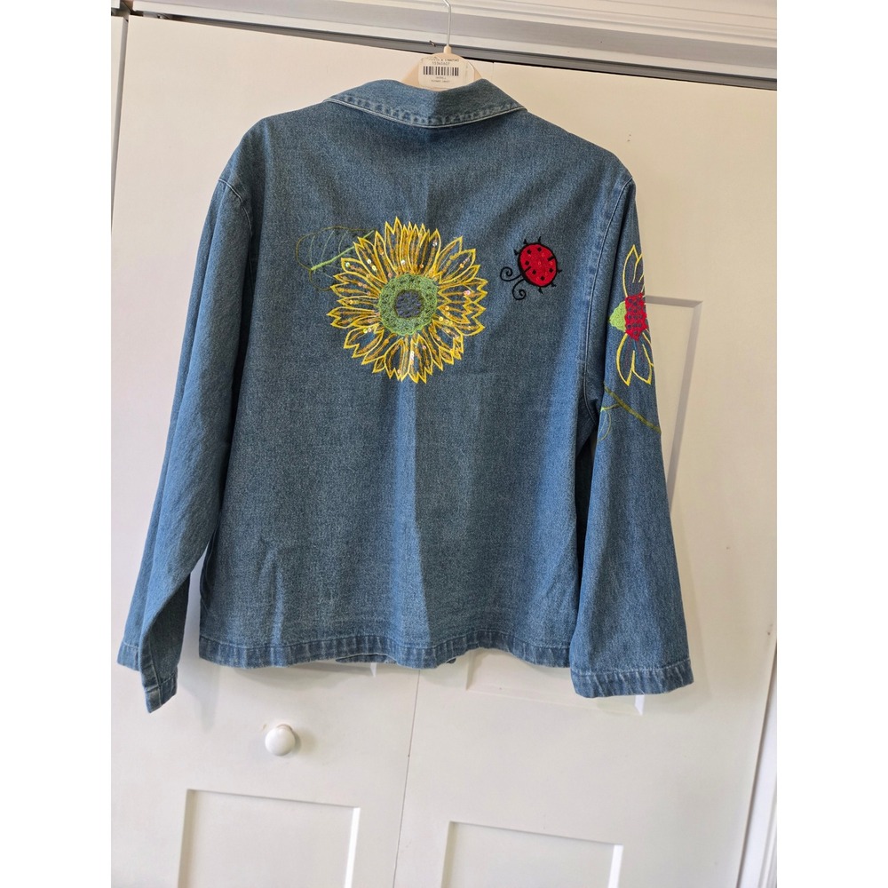 Vintage Embroidered Sunflower Ladybug Denim Jacket Blue Large L Cotton Pockets - Picture 6 of 16